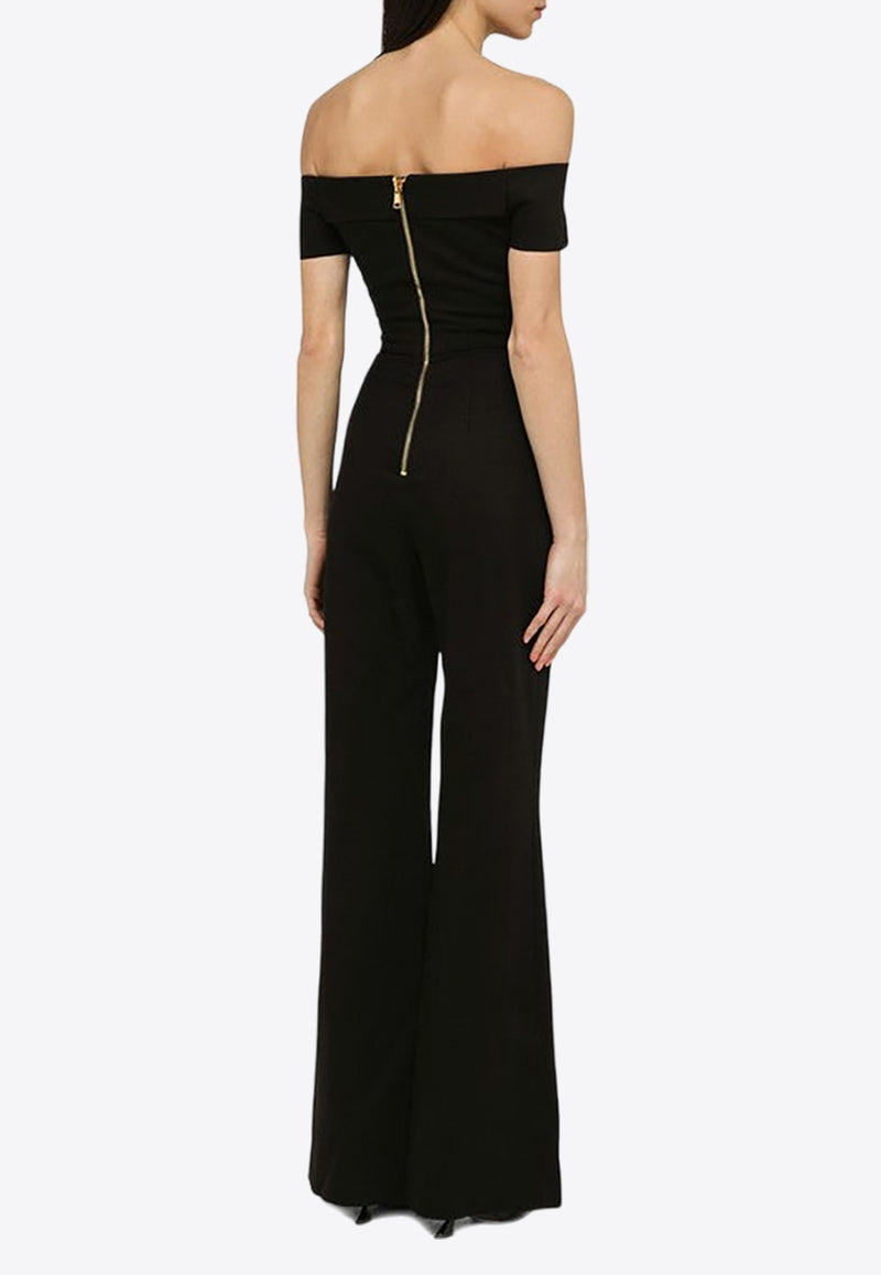 Balmain Off-Shoulder Flared-Leg Jumpsuit CF1PW130VE17/O_BALMA-0PA