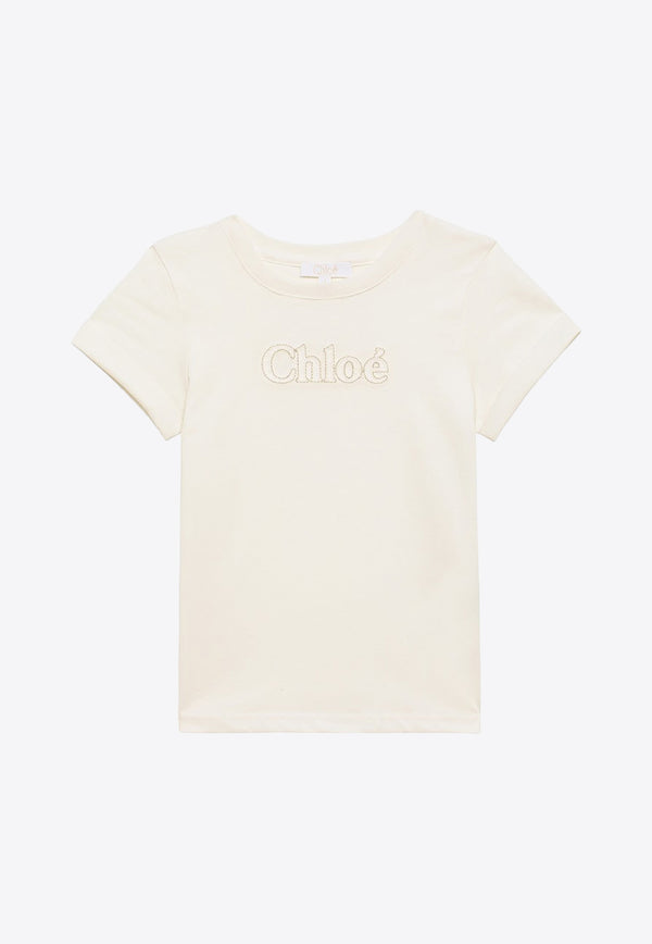 Chloé Kids Girls Logo Embroidered Crewneck T-shirt White CHC20110-BCO/O_CHLOE-117