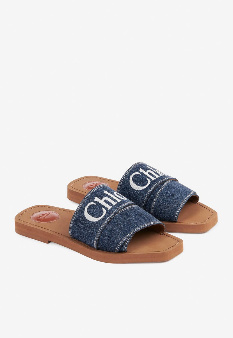 Chloé Logo Woody Sandals CHC23A188FR45D DENIM