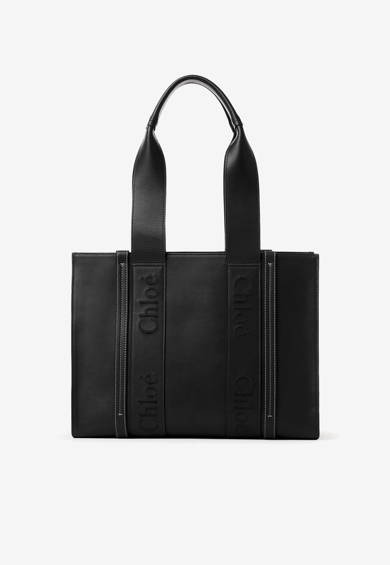 Chloé Medium Woody Tote Bag in Calf Leather CHC23US383I60001 BLACK Black