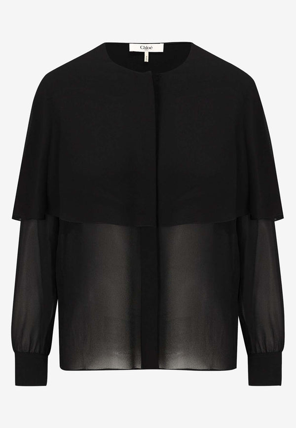 Chloé Long-Sleeved Cape Blouse in Silk Georgette CHC24AHT03002001 Black