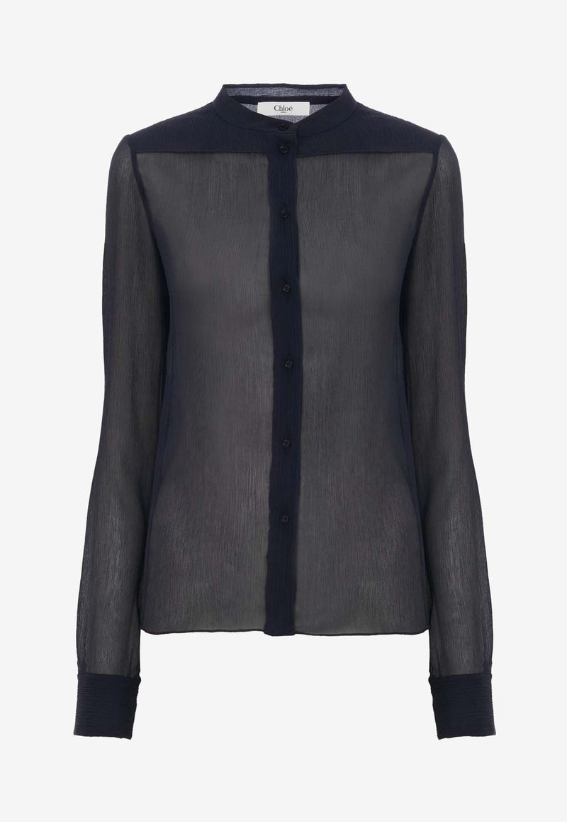 Chloé Sheer Silk Crêpon Blouse CHC24AHT1100648Q Graphite Blue