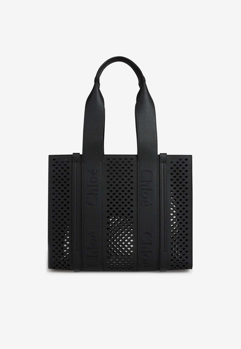 Chloé Medium Woody Openwork Tote Bag in Leather CHC24US383M93001 BLACK