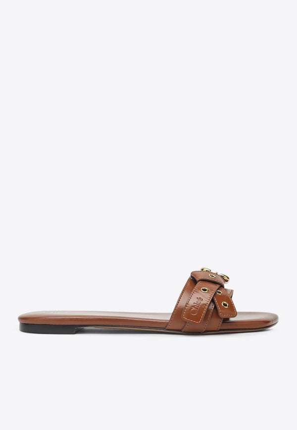 Chloé Mae Logo Embossed Leather Flat Sandals Brown CHC25S08NQJ/Q_CHLOE-26M