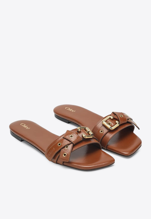 Chloé Mae Logo Embossed Leather Flat Sandals Brown CHC25S08NQJ/Q_CHLOE-26M