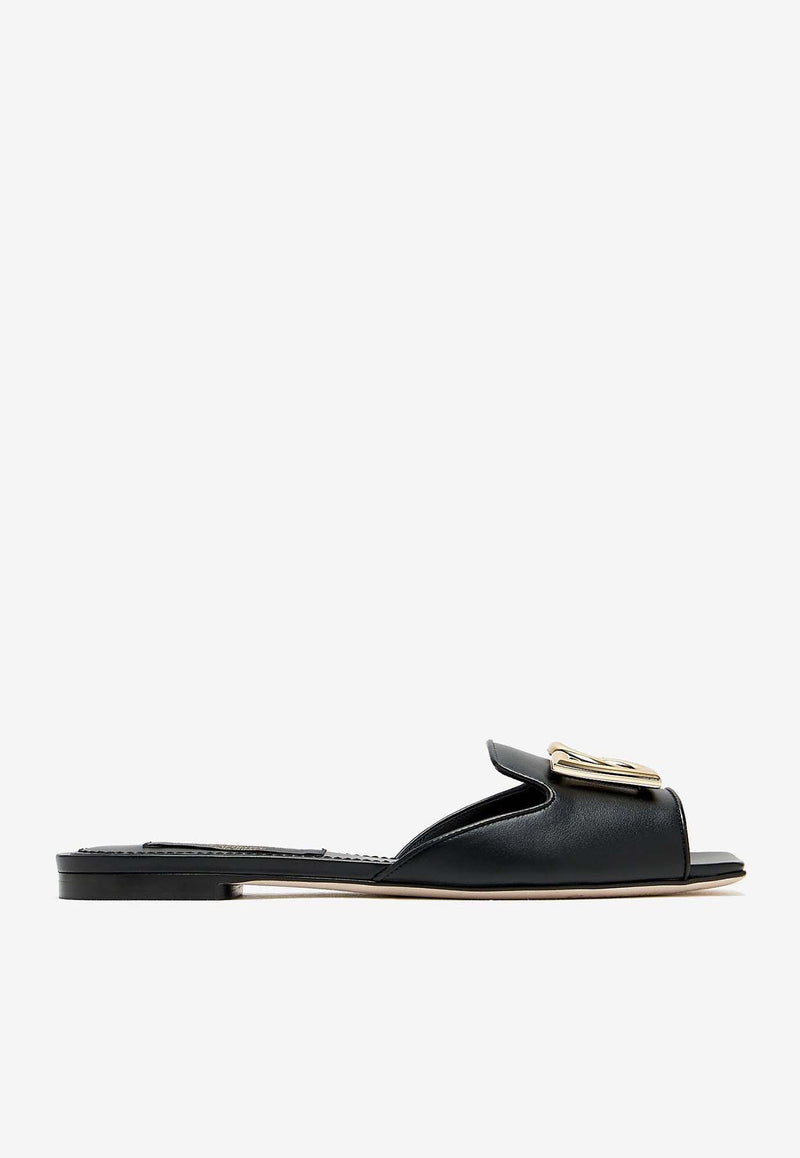 Dolce 
Gabbana DG Logo Calf Leather Flat Sandals Black CQ0593 CW576 80999