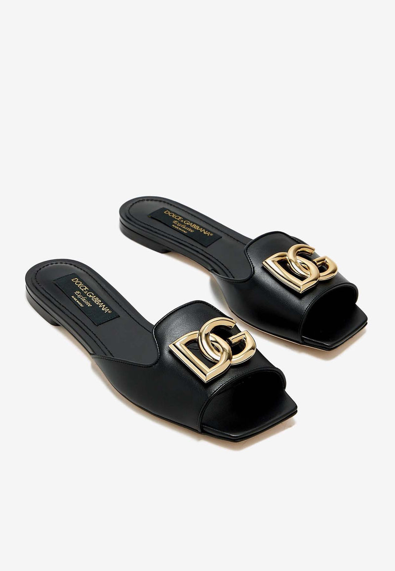 Dolce 
Gabbana DG Logo Calf Leather Flat Sandals Black CQ0593 CW576 80999