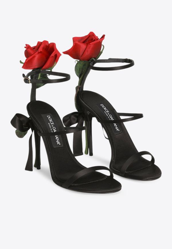 Dolce 
Gabbana Keira 105 Satin Sandals with Rose Applique Black CR1817 A7630 80999