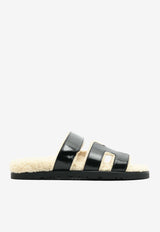 Hermès Chypre Sandals in Black Nappa Glace and Ecru Shearling CSBNGESHER