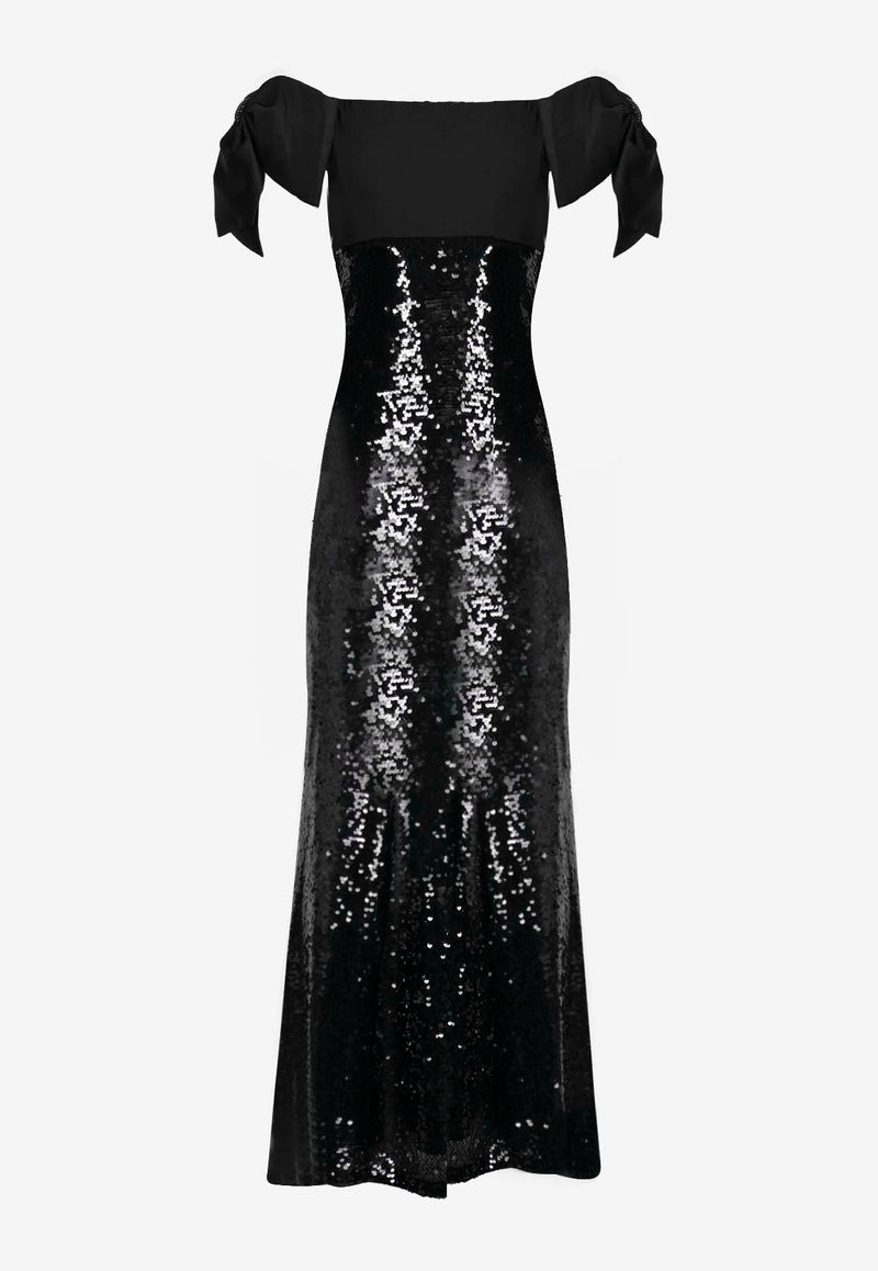 Self-Portrait Off-Shoulder Sequined Bow Gown Black SC24-952X-BBLACK