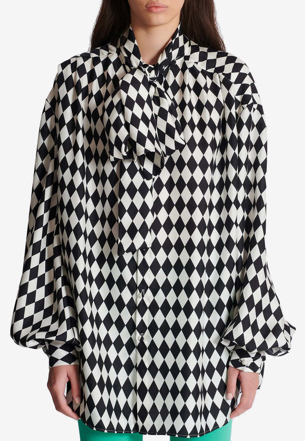 Balmain Diamond Print Silk Shirt DF1HT020SE01WHITE/BLACK