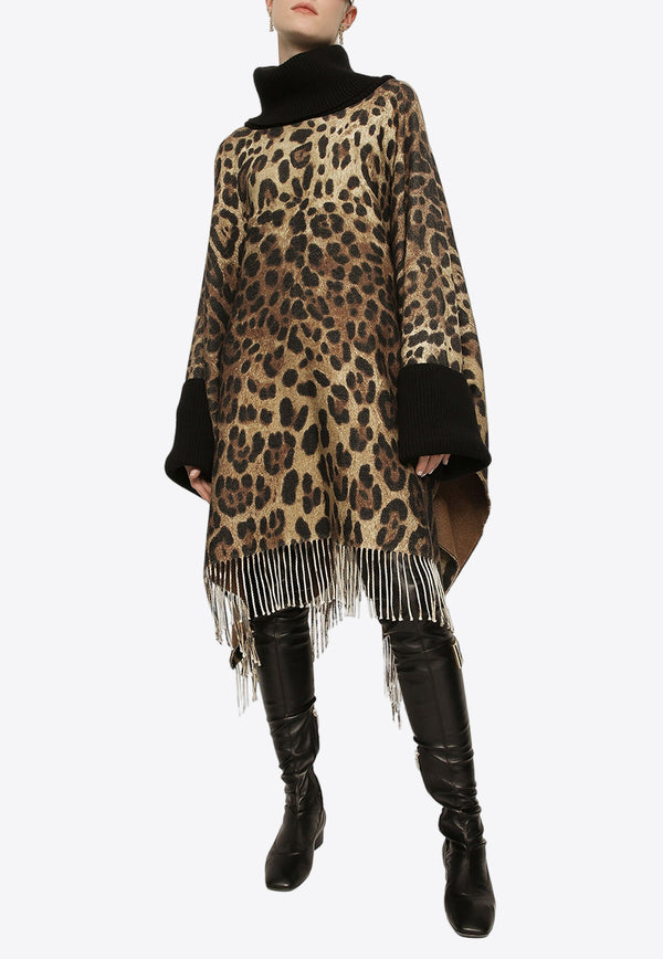 Dolce 
Gabbana Leopard Print Wool Cashmere Fringed Poncho Brown F0W0BT GDBW2 HA93M