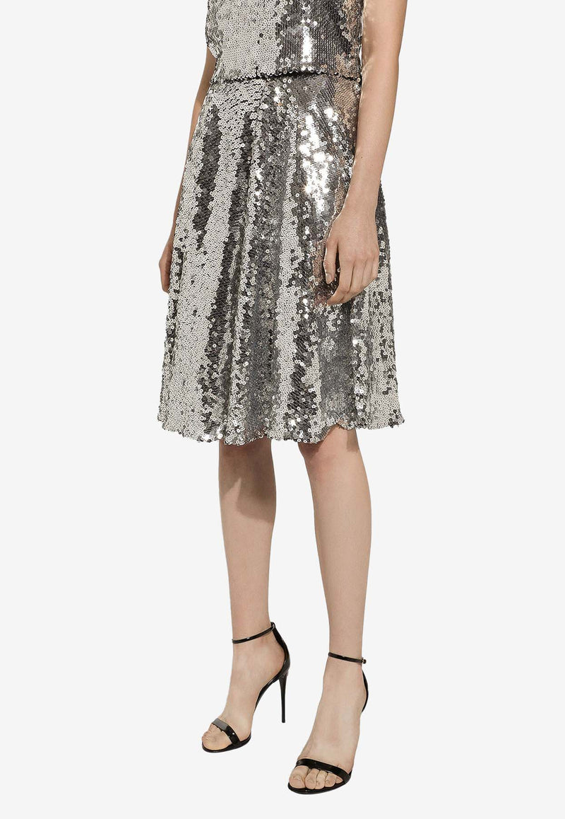 Dolce 
Gabbana Sequined Flared Midi Skirt F4BBBT FLSEP S0990 Silver