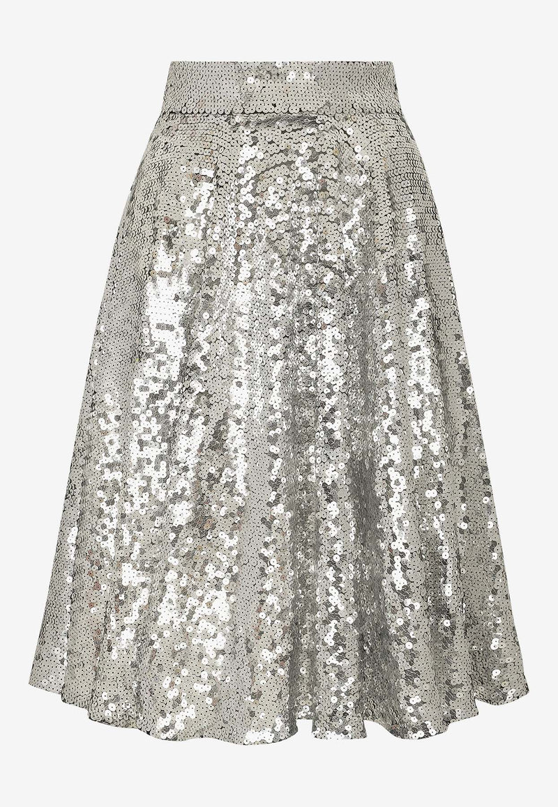 Dolce 
Gabbana Sequined Flared Midi Skirt F4BBBT FLSEP S0990 Silver