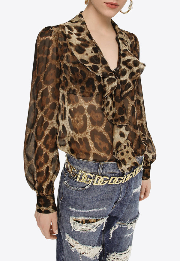 Dolce 
Gabbana Leopard Print Ruffled Silk Blouse Brown F5R16T IS1MN HY13M