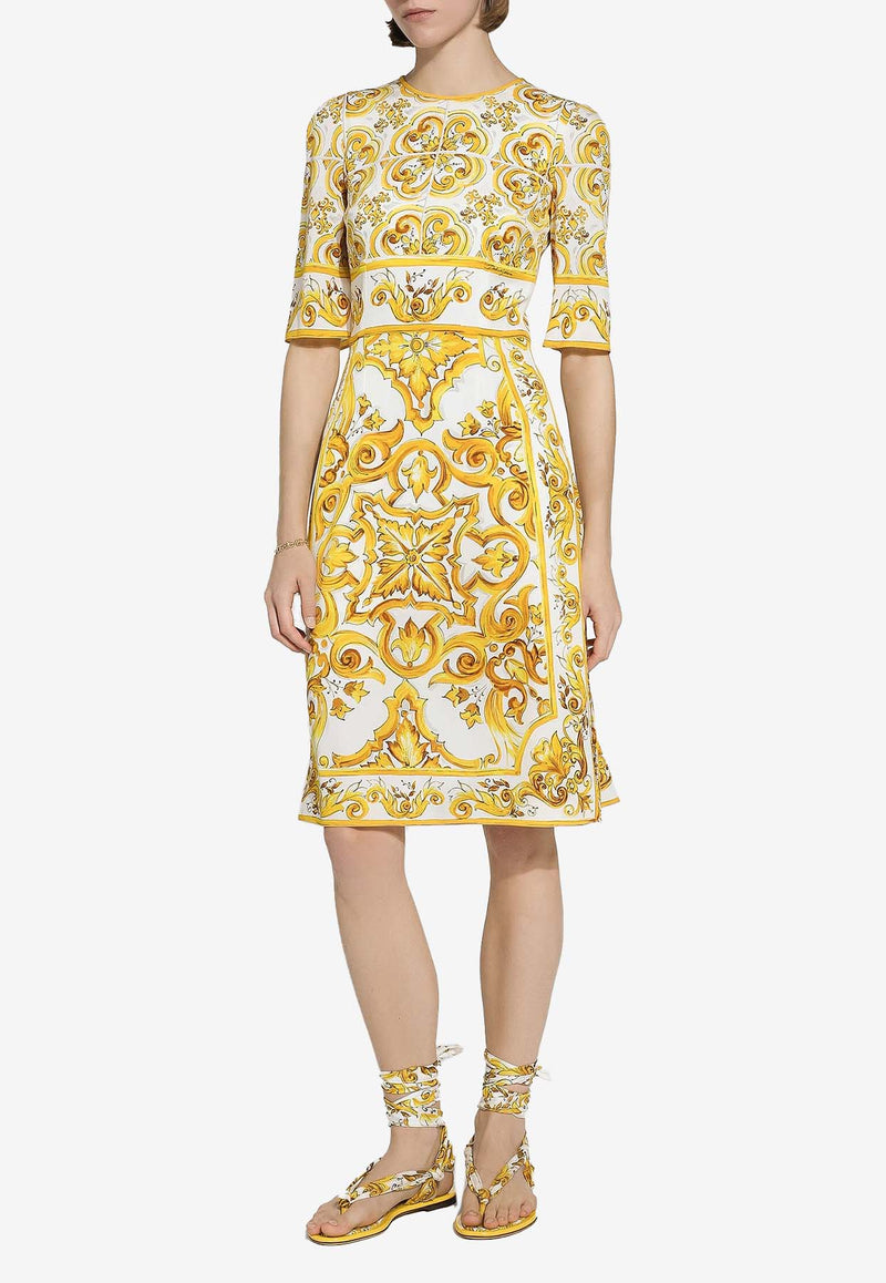 Dolce 
Gabbana Majolica Print Silk Knee-Length Dress F6ADST HPABL HG3TN Yellow