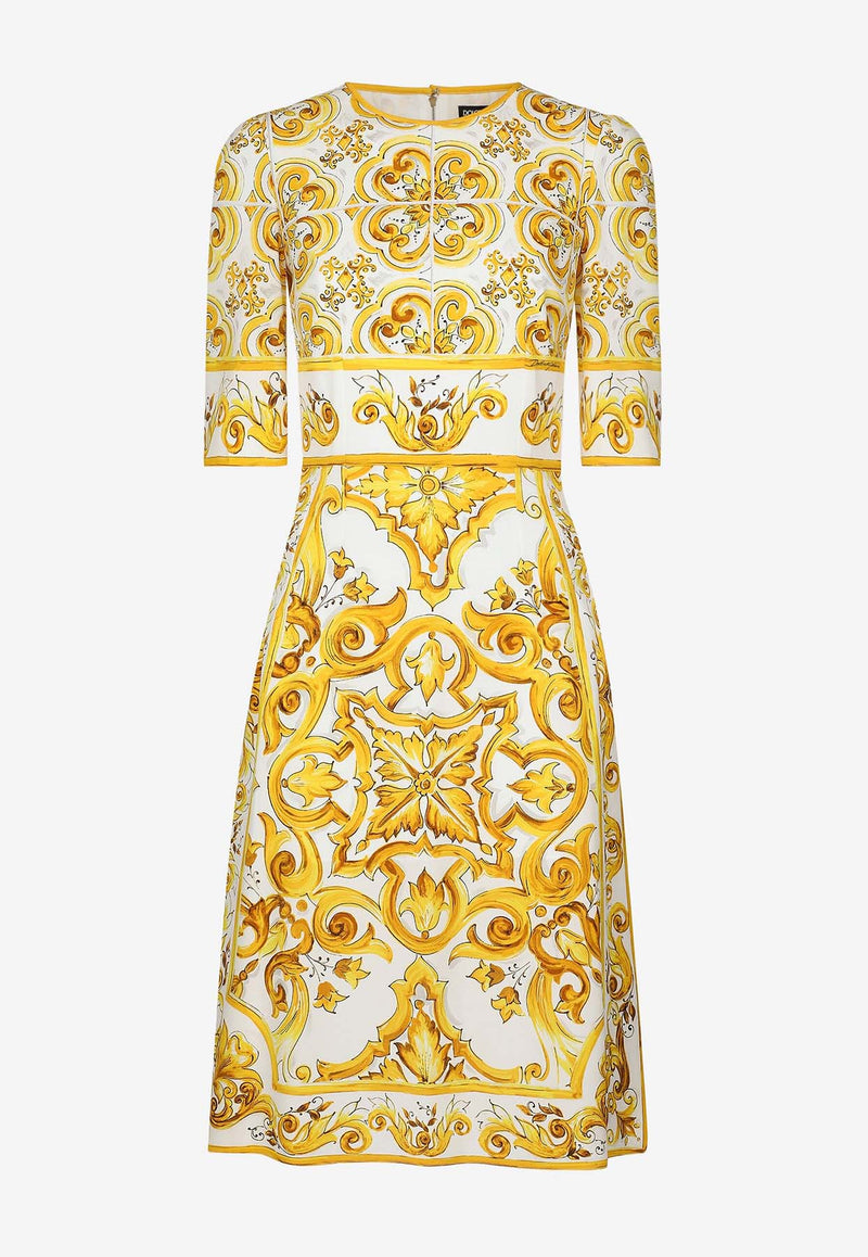 Dolce 
Gabbana Majolica Print Silk Knee-Length Dress F6ADST HPABL HG3TN Yellow