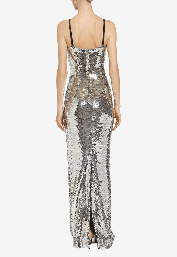 Dolce 
Gabbana Sequined Sleeveless Maxi Dress F6DINT FLSF0 S0998 Silver