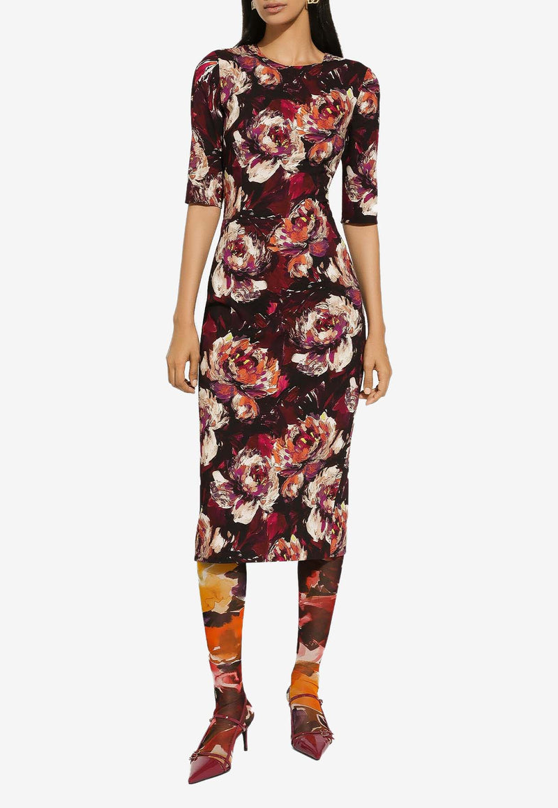 Dolce 
Gabbana Peony Print Sleeved Midi Dress F6EAJT FSIBD HR4YC