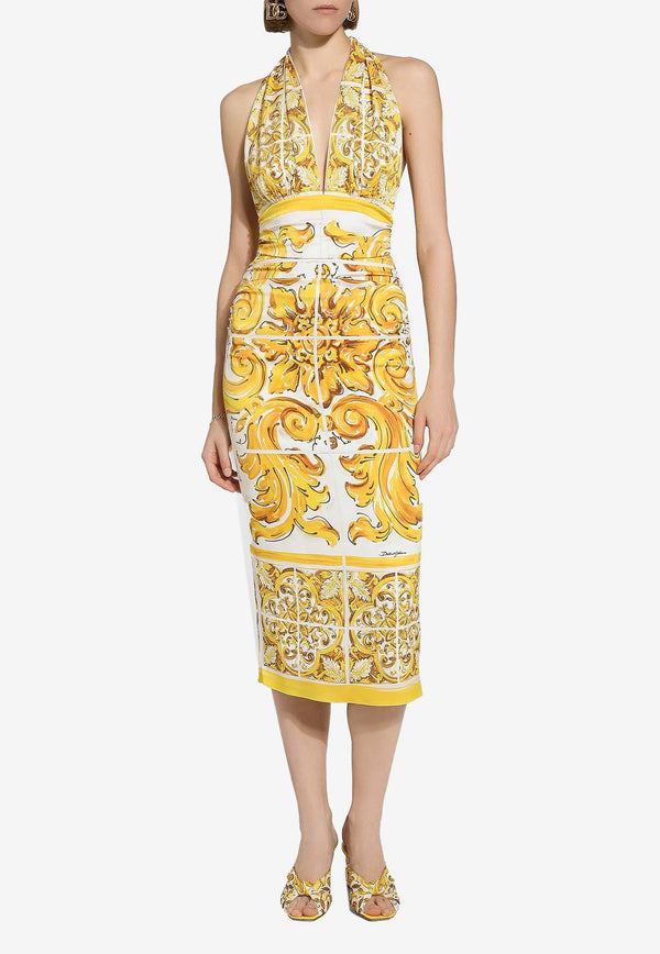 Dolce 
Gabbana Majolica Print Silk Midi Corset Dress F6JDGT FHAA4 H45DQ Yellow