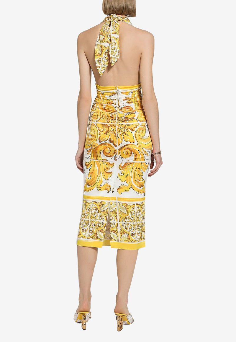 Dolce 
Gabbana Majolica Print Silk Midi Corset Dress F6JDGT FHAA4 H45DQ Yellow