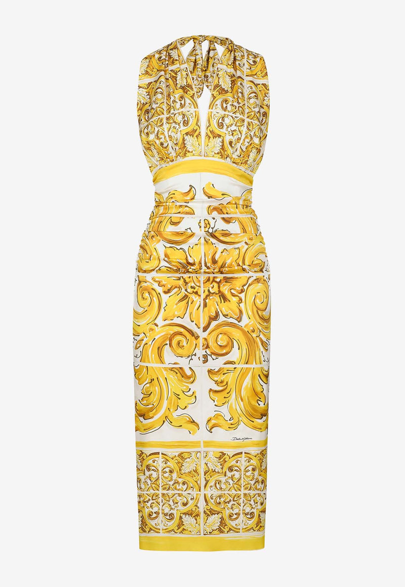 Dolce 
Gabbana Majolica Print Silk Midi Corset Dress F6JDGT FHAA4 H45DQ Yellow