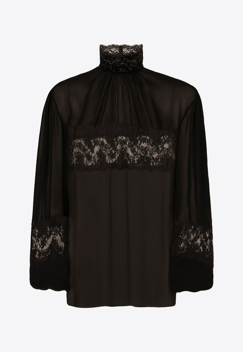 Dolce 
Gabbana Georgette Lace-Trimmed Turtleneck Blouse Black F779LT FU1AR N0000