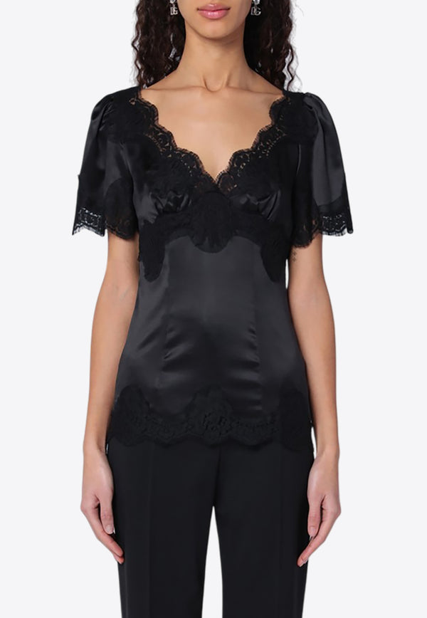 Dolce 
Gabbana Satin and Lace V-neck Top Black F7U44TFURAG/P_DOLCE-N0000