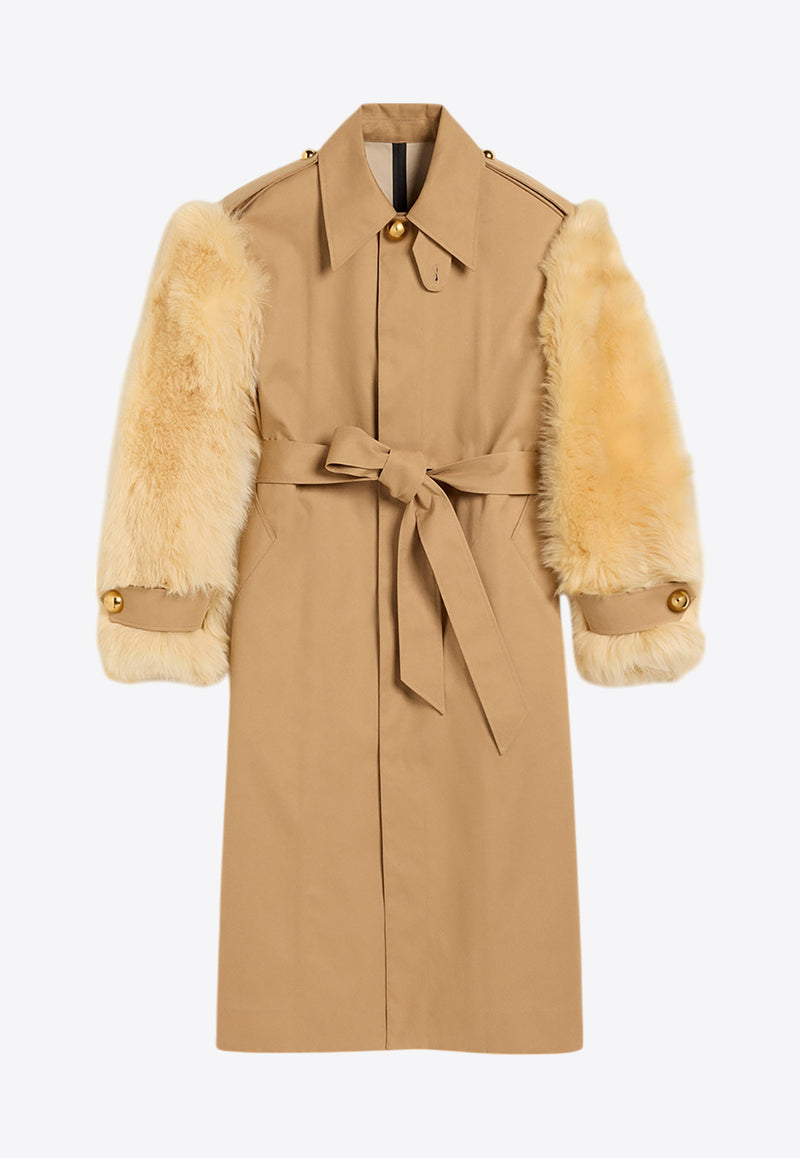 AMI PARIS Shearling-Sleeved Belted Trench Coat Beige FJK515.CO0081BEIGE