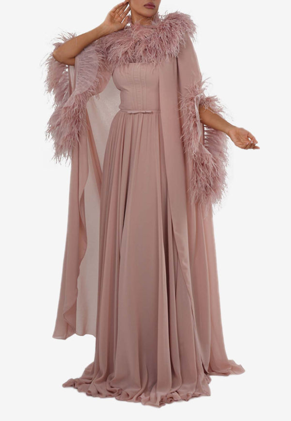 Zeena Zaki Feather-Trimmed Cape Chiffon Gown Pink FW24/25-01-PNKPINK