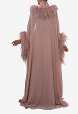 Zeena Zaki Feather-Trimmed Cape Chiffon Gown Pink FW24/25-01-PNKPINK