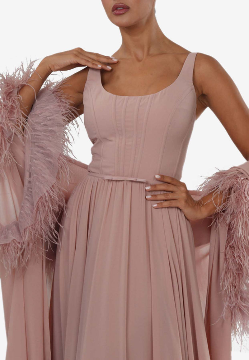 Zeena Zaki Feather-Trimmed Cape Chiffon Gown Pink FW24/25-01-PNKPINK