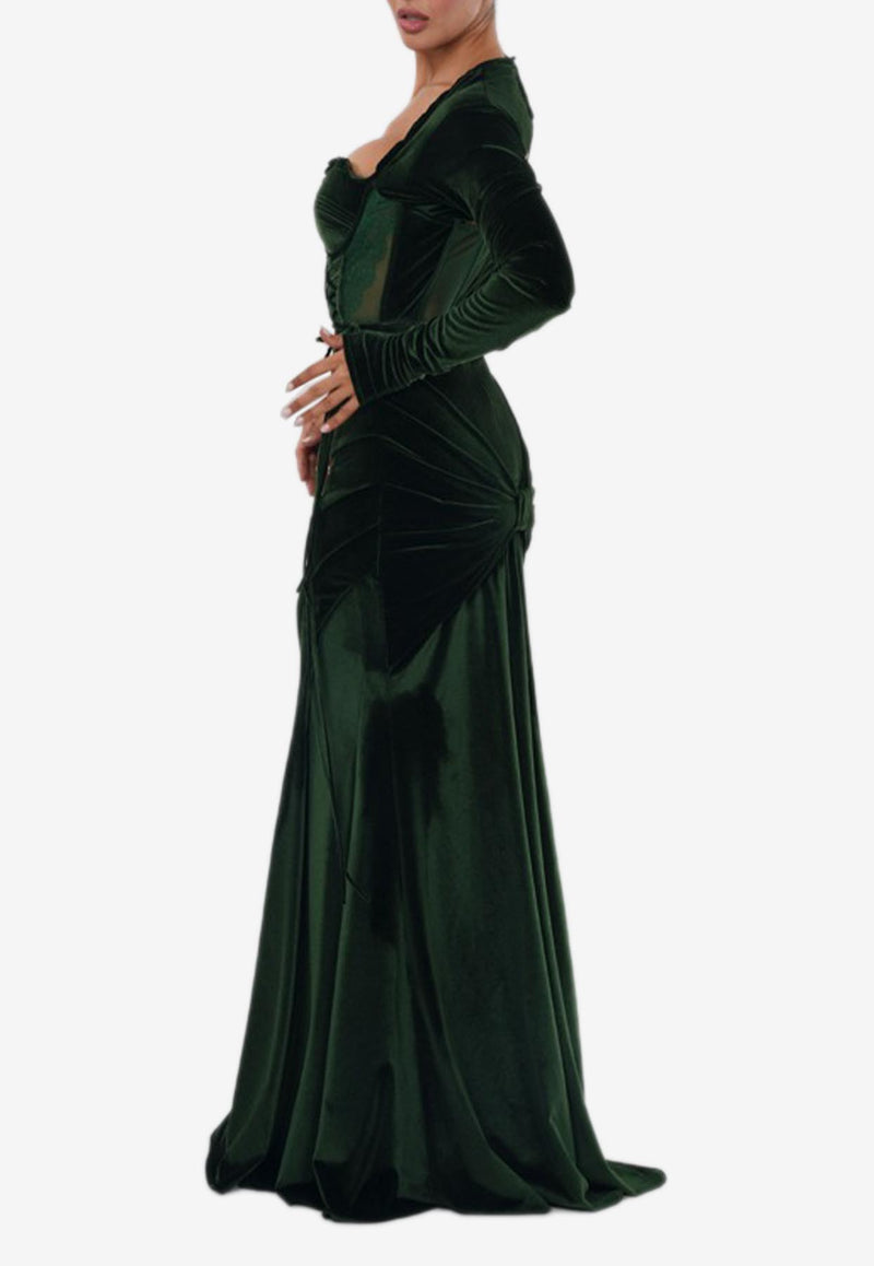 Zeena Zaki Long-Sleeved Velvet Gown FW24/25-03-GN Green