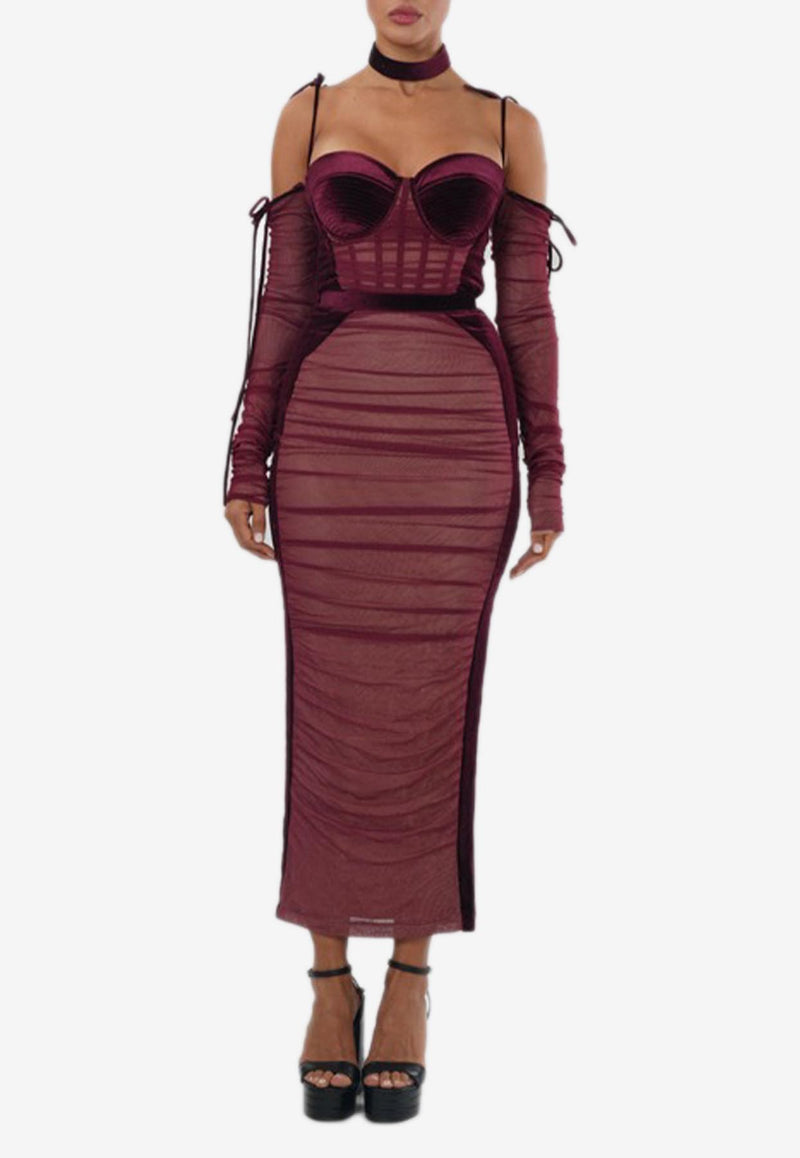 Zeena Zaki Off-Shoulder Velvet Midi Dress FW24/25-04-MN Maroon