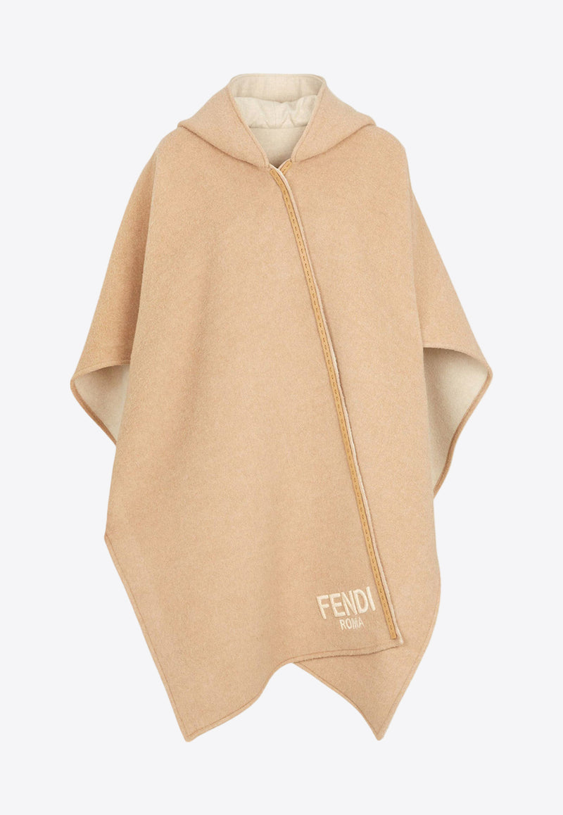 Fendi Logo Embroidered Wool Poncho  Beige FXX778ASG1_F15W8