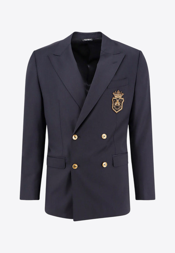 Dolce 
Gabbana Logo Patch Double-Breasted Wool Blazer Blue G2TJ8ZFUBFA_B4902