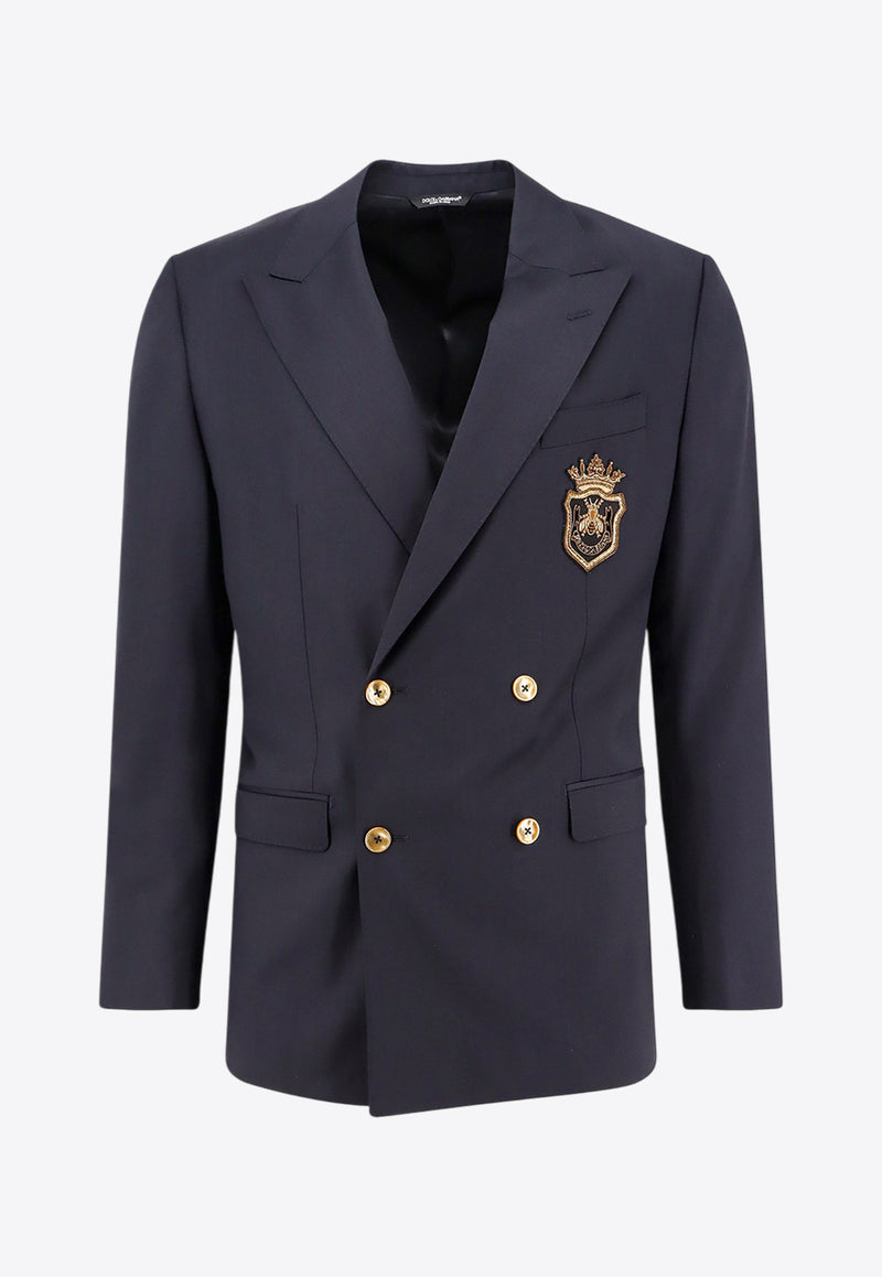 Dolce 
Gabbana Logo Patch Double-Breasted Wool Blazer Blue G2TJ8ZFUBFA_B4902