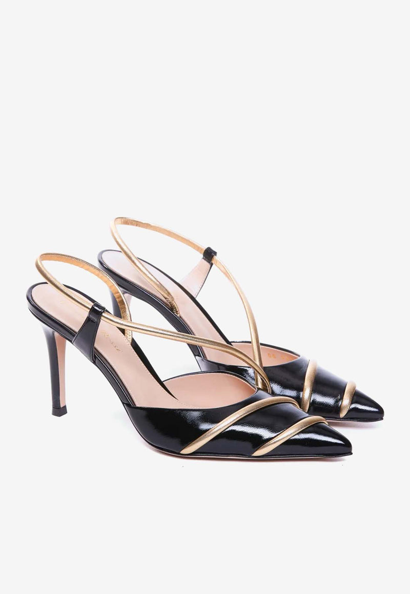 Gianvito Rossi 85 Slingback Leather Pumps G95547 85RIC NNKNEME NUIT LAMB SILK BLACK MEKONG