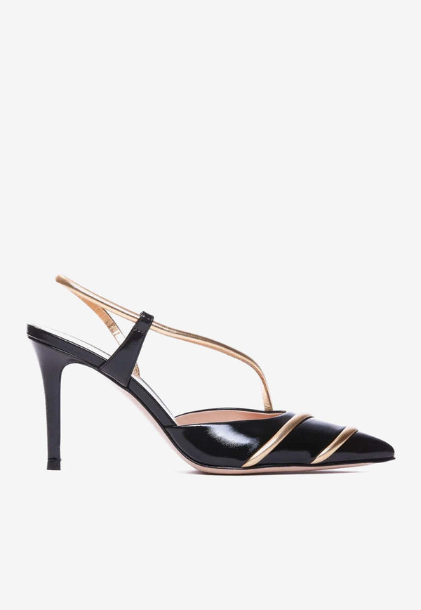 Gianvito Rossi 85 Slingback Leather Pumps G95547 85RIC NNKNEME NUIT LAMB SILK BLACK MEKONG