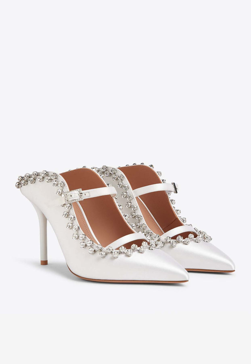 Malone Souliers Gala 85 Crystal-Embellished Satin Mules GALA 85-6 WHITE