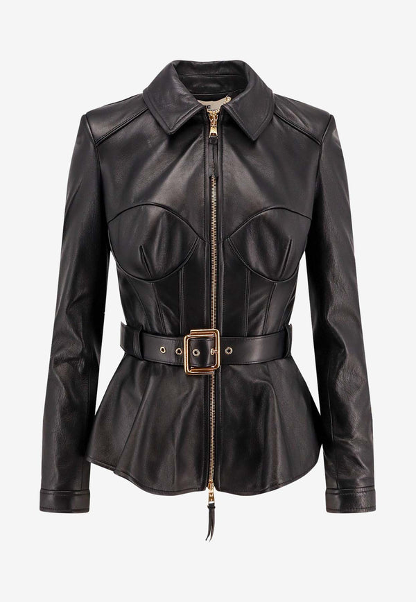 Elisabetta Franchi Corset Style Zip-Up Leather Jacket Black GD46Z51E2_110