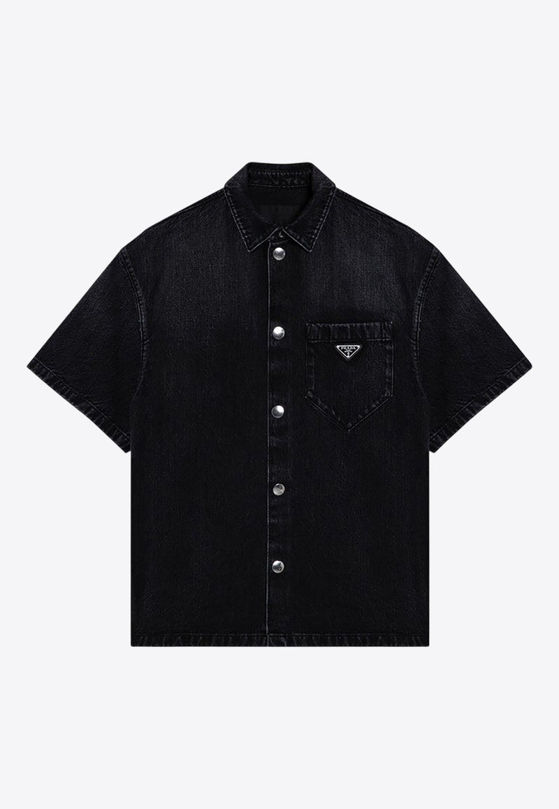 Prada Triangle Logo Short-Sleeved Denim Shirt Black GEC06712K8/Q_PRADA-F0557