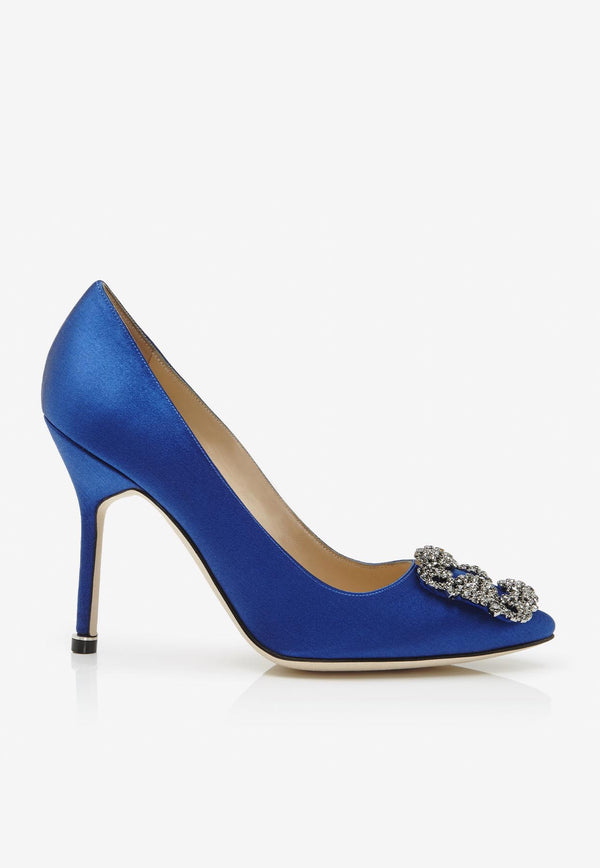 Manolo Blahnik Hangisi 105 Crystal Buckle Pumps in Satin HANGISI FMC 105 BLUE 4326 0664-0049 Blue