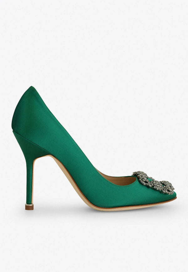 Hangisi 105 Satin Pumps with FMC Crystal Buckle Manolo Blahnik HANGISI FMC 105 GREEN 3206 0664-0048