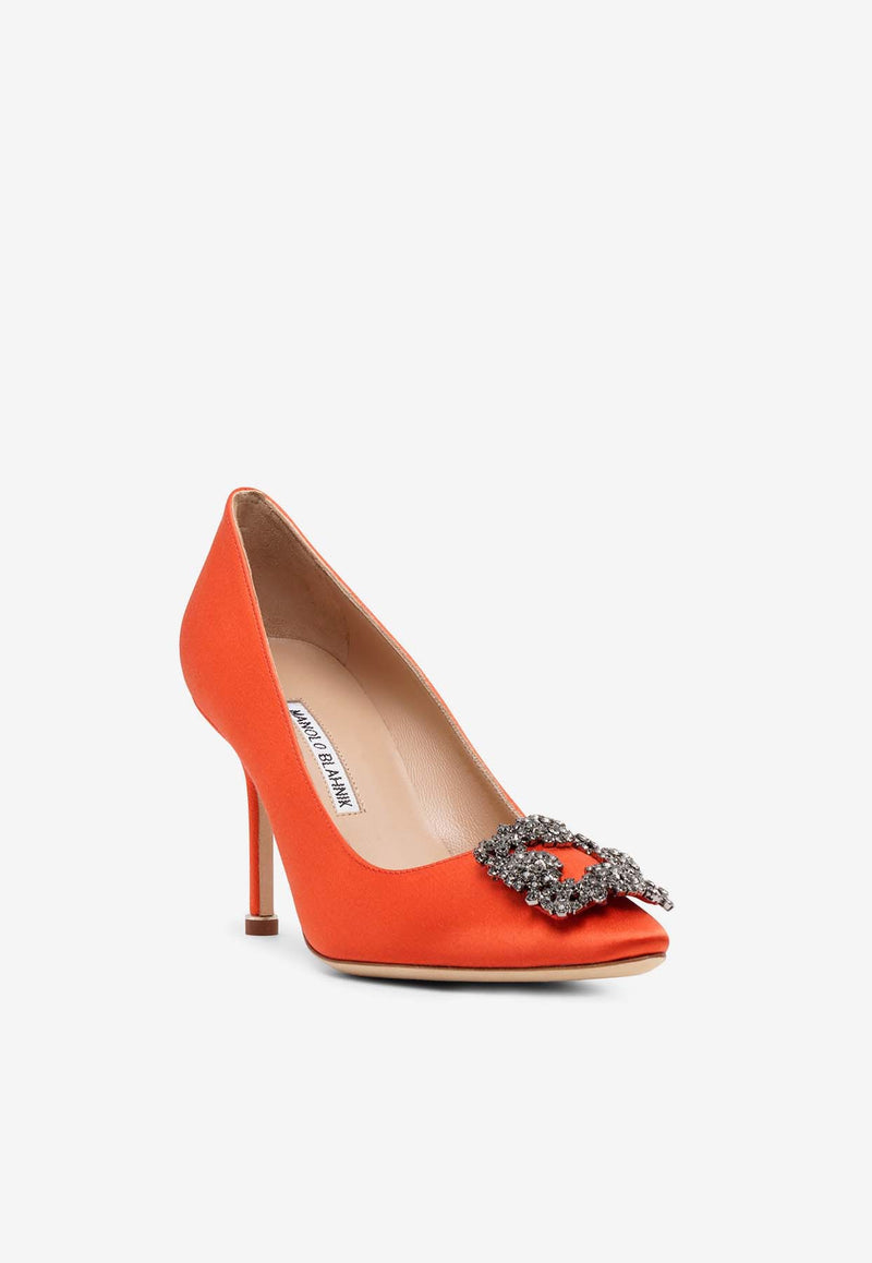 Manolo Blahnik Hangisi 90 Crystal Embellished Satin Pumps Orange HANGISI FMC 90 ORANGE 8044 0663-0111