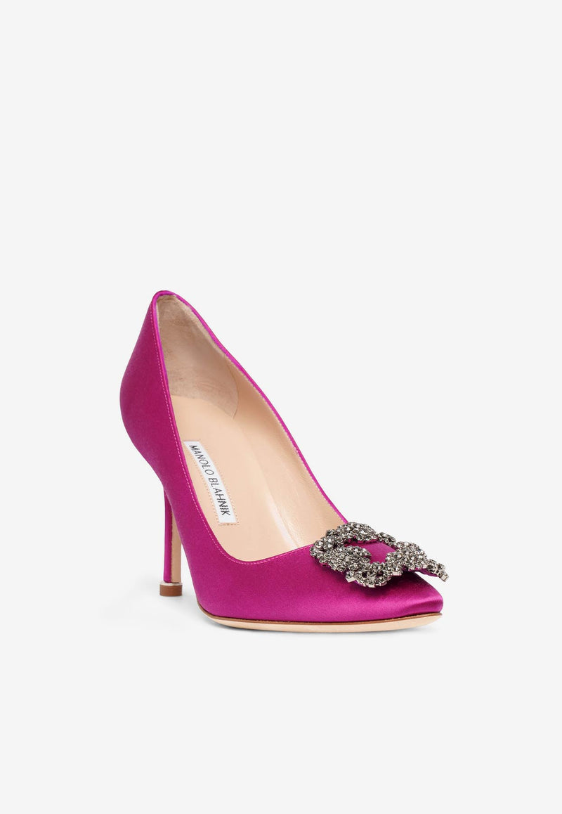 Manolo Blahnik Hangisi 90 Crystal Buckle Pumps in Satin HANGISI FMC 90 PINK 6520 0663-0043 Pink