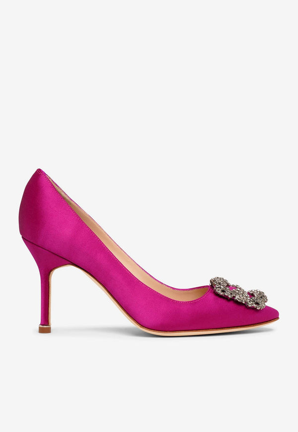 Manolo Blahnik Hangisi 90 Crystal Buckle Pumps in Satin HANGISI FMC 90 PINK 6520 0663-0043 Pink