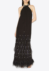 Huishan Zhang Vic Halterneck Feathered Gown Black HPW240130BLACK