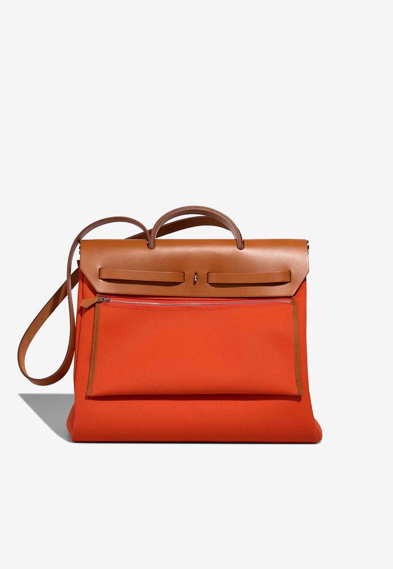 Hermès Herbag 39 in Orange Mecano Toile and Fauve Vache Hunter with Palladium Hardware