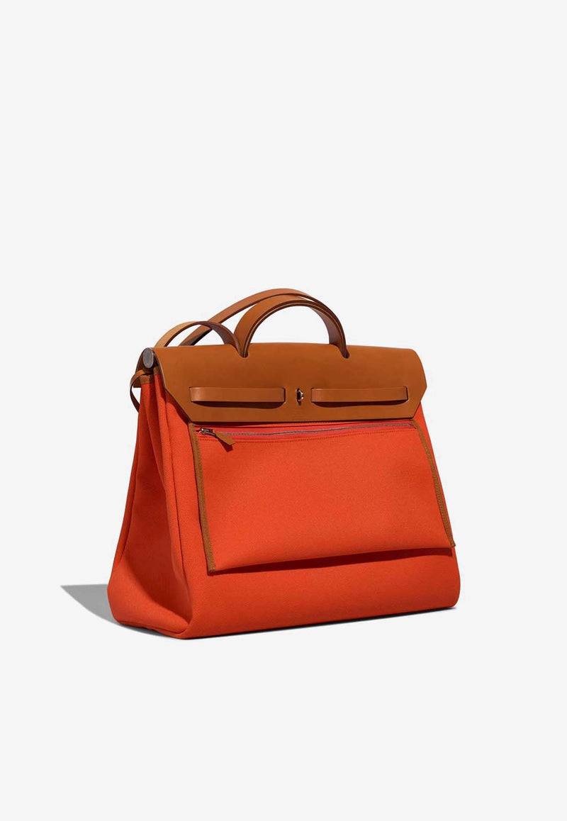 Hermès Herbag 39 in Orange Mecano Toile and Fauve Vache Hunter with Palladium Hardware